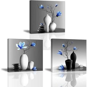 Magnolia Orchid Flower Wall Art Waterproof‎ 3 pc Canvas 20x20 in. Blue and Gray